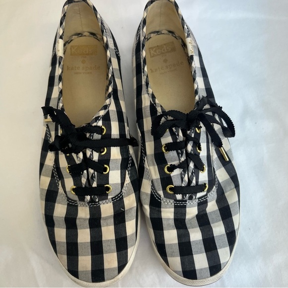 Kate Spade x Keds black and cream checkered tennis shoes with ribbon laces. - Picture 6 of 10
